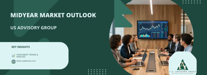 Banner for Midyear Market Outlook by US Advisory Group, featuring a meeting room with a large stock chart display in the background.