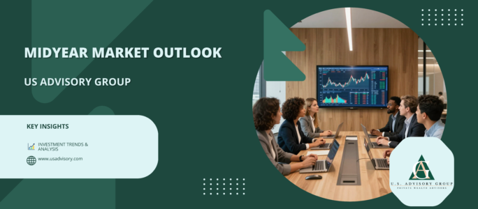 Banner for Midyear Market Outlook by US Advisory Group, featuring a meeting room with a large stock chart display in the background.